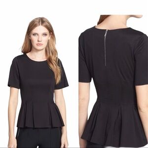 REBECCA TAYLOR Short Sleeve Peplum Bottom Top With Black Back Zip Detail Black S